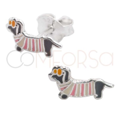 Sterling silver 925 Dachshund with sweater earrings 9 x 4.5 mm