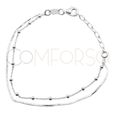 Sterling silver 925 double box chain bracelet with balls 15cm + 3cm