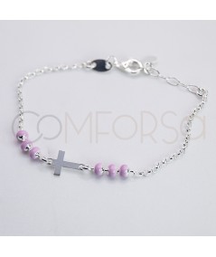 Pulsera infantil Cruz con esmalte rosa 14 + 2cm Plata 925