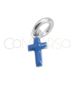 Dije mini cruz esmalte azul 3 x 6mm Plata 925