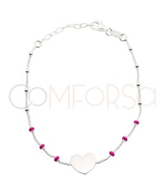 Grabación + Pulsera corazón bolitas Fucsias 17 + 3cm Plata 925