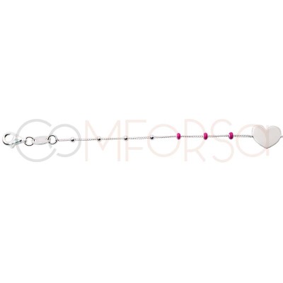 Grabación + Pulsera corazón bolitas Fucsias 17 + 3cm Plata 925