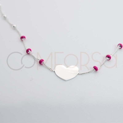 Grabación + Pulsera corazón bolitas Fucsias 17 + 3cm Plata 925