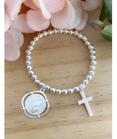 Sterling silver 925 bead bracelet with Virgin Mary pendant and white enameled cross