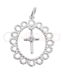 Sterling silver 925 oval filigree pendant and cross with zirconia 23mm