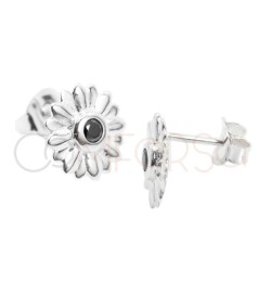 Sterling silver 925 sunflower earrings with black zirconia 12mm