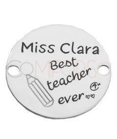 Engraving + "Best teacher ever" and teacher's name in pencil on sterling silver 925 connector 20mm