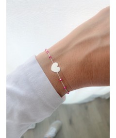 Grabación + Pulsera corazón bolitas Fucsias 17 + 3cm Plata 925