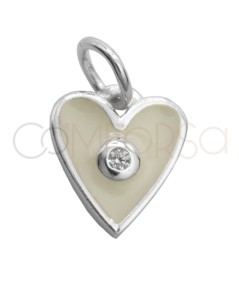 Sterling silver 925 white milk enameled heart pendant with zirconia 8 x 10mm