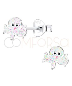 Pendiente pulpo blanco con glitter 7x7mm Plata 925