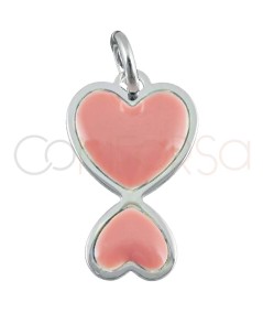 Sterling silver 925 enameled pink double heart pendant 10x16mm