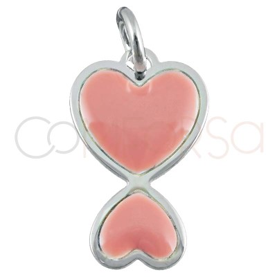 Dije doble corazón esmalte rosa 10x16mm plata 925 chapada en oro