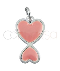 Dije doble corazón esmalte rosa 10x16mm plata 925 chapada en oro