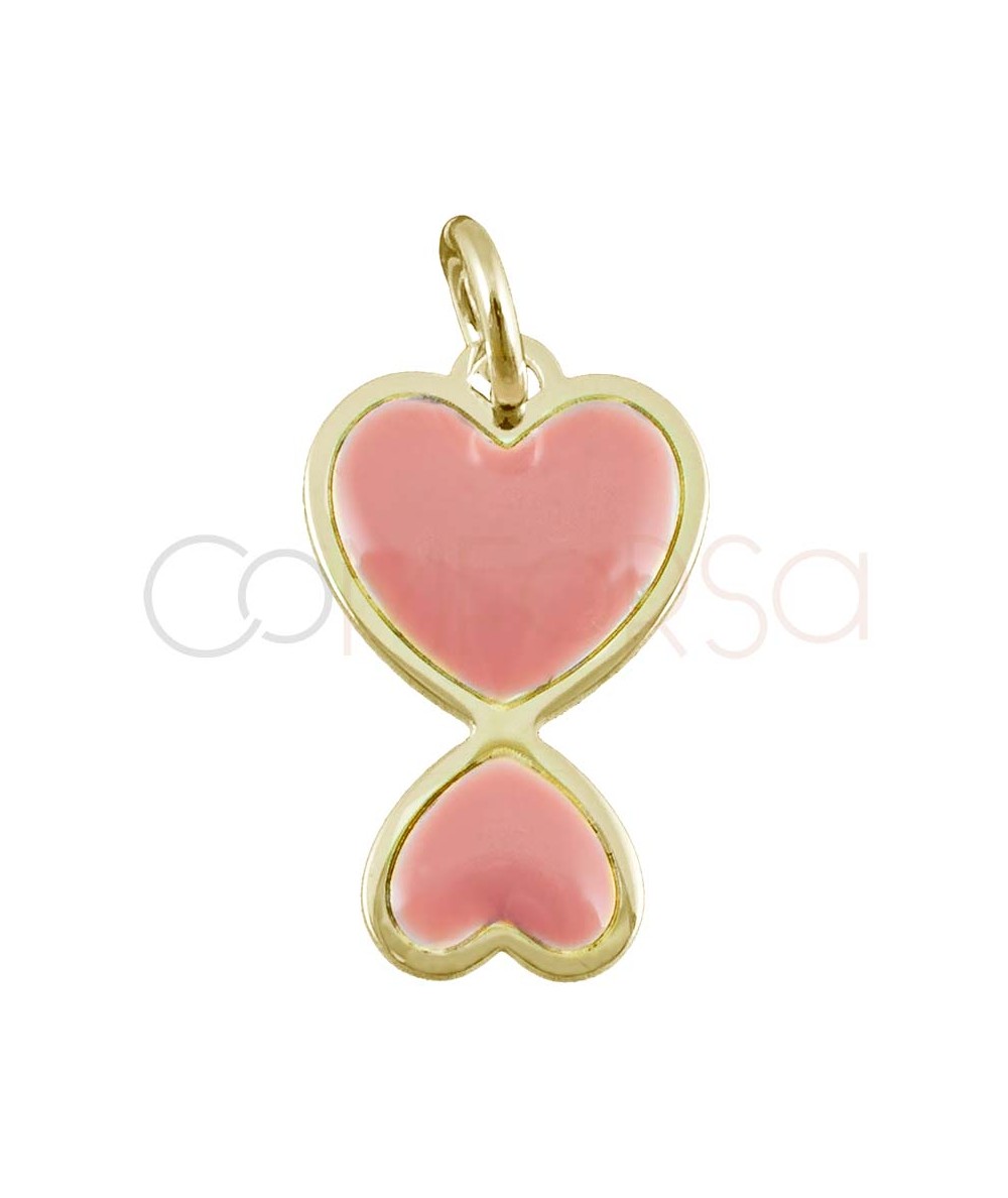 Colgante doble corazón esmalte rosa 10x16mm plata 925 chapada en oro