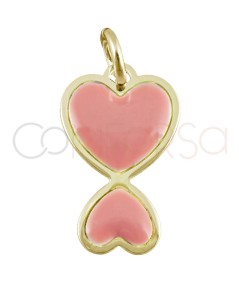 Colgante doble corazón esmalte rosa 10x16mm plata 925 chapada en oro