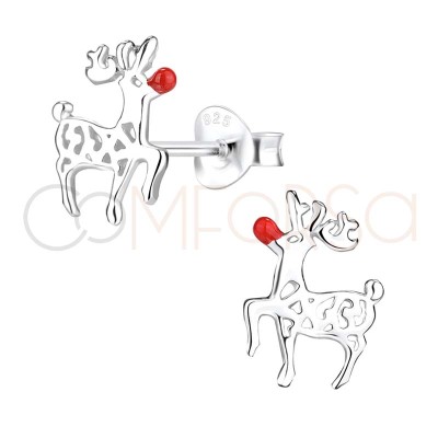 Sterling silver 925 reindeer with red nose earring 9 x 11mm