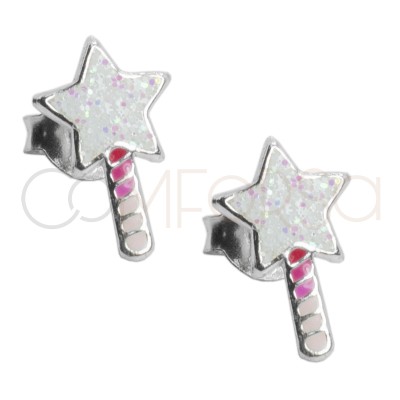 Pendiente varita estrella rosa con glitter 6 x 10mm Plata 925
