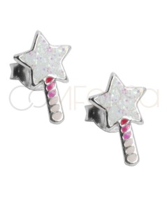 Pendiente varita estrella rosa con glitter 6 x 10mm Plata 925