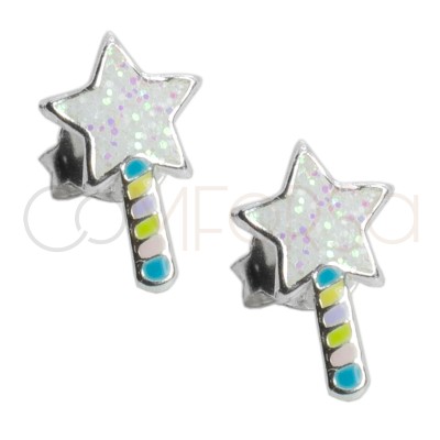 Pendiente varita estrella multicolor con glitter 6 x 10mm Plata 925