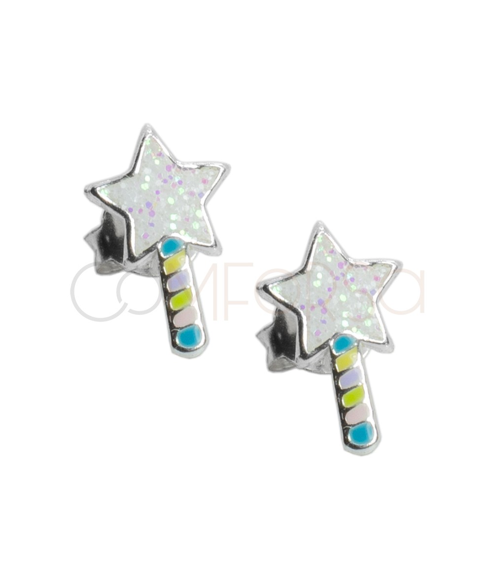 Pendiente varita estrella multicolor con glitter 6 x 10mm Plata 925