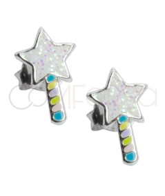 Pendiente varita estrella multicolor con glitter 6 x 10mm Plata 925