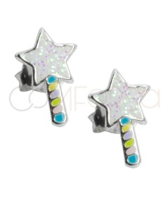 Sterling silver 925 multicolored star wand with glitter earrings 6 x 10mm