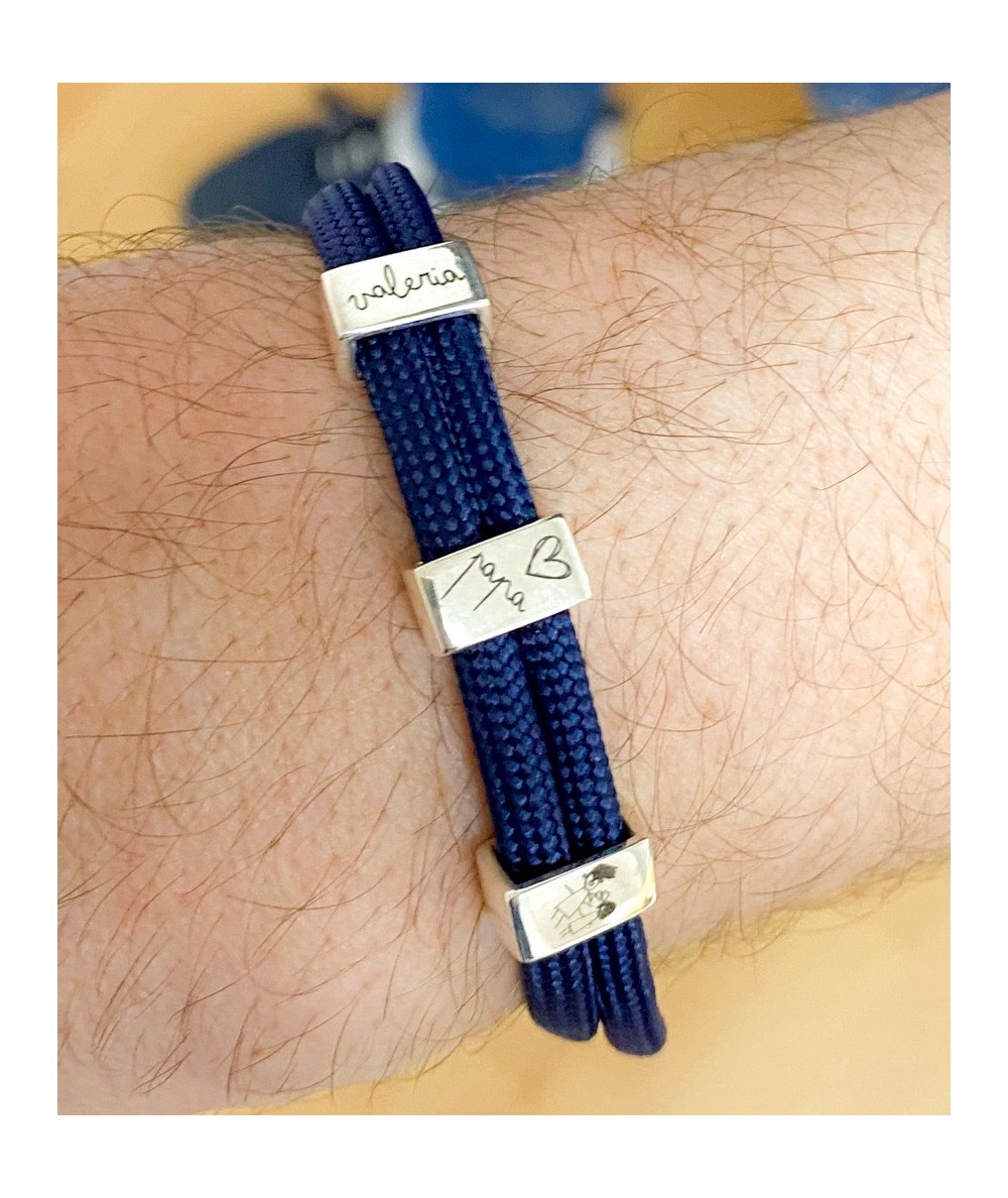 Pulsera con 3 entrepiezas rectangulares personalizables y cordón paracaidista azul marino