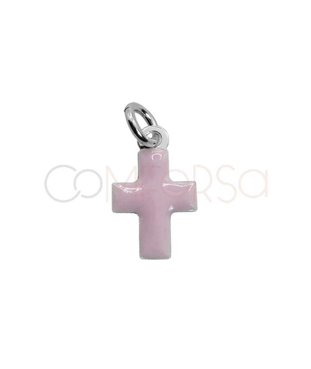 Colgante cruz con esmalte rosa claro 8 x 13.5mm Plata 925