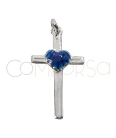 Sterling silver 925 cross pendant with blue heart 14 x 25mm