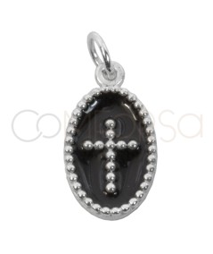 Sterling silver 925 black enameled oval pendant with cross 10 x 18mm