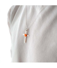 Cadena forzada con cruz con corazón naranja Plata 925