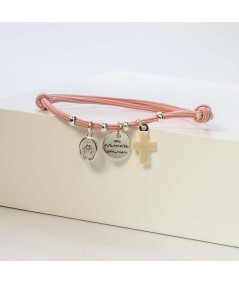 Sterling silver 925 bracelet with pink rubber band with cross pendants, Virgin and "my first communion" medallion
