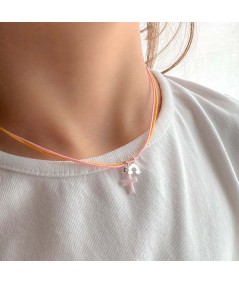 Collar doble hilo de cera con cruz rosa y mini arcoíris Plata 925