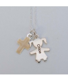 Sterling silver 925 diamond cut curb chain with Coconut Cream cross pendants and girl pendant with laser engraving