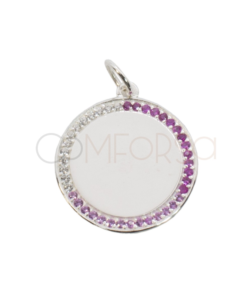 Colgante medallón circonitas con degradado rosa 20mm Plata 925