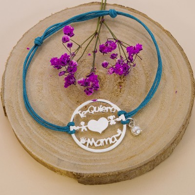 Pulsera hilo azul con conector "te quiero mamá" y perla Plata 925