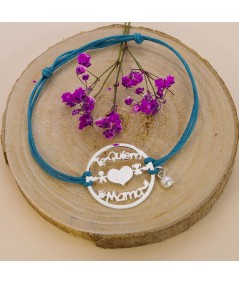 Pulsera hilo azul con conector "te quiero mamá" y perla Plata 925