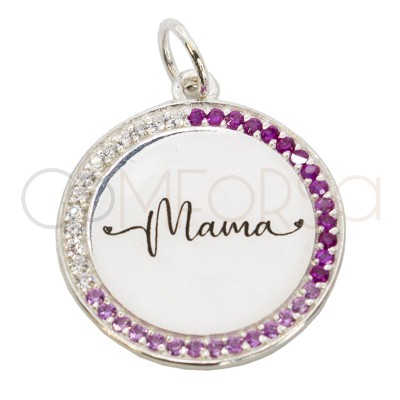 Dije medallón circonitas con grabado "mamá" 20mm Plata 925