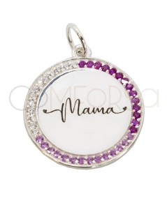 Dije medallón circonitas con grabado "mamá" 20mm Plata 925