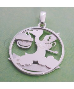 Sterling silver 925 stork round pendant with baby with moon 20mm