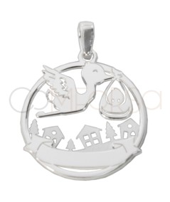 Sterling silver 925 stork round pendant with baby by city 20mm