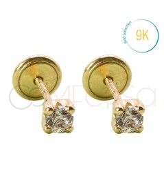 9k gold baby earrings with zirconia and 4 claws 3mm