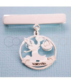 Sterling silver 925 customized safety pin with stork with baby with moon pendant
