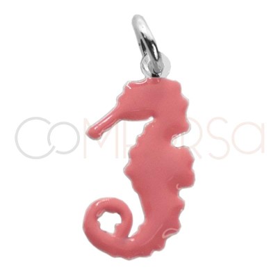 Dije caballito de mar esmalte rosa 7 x 14.5mm Plata 925