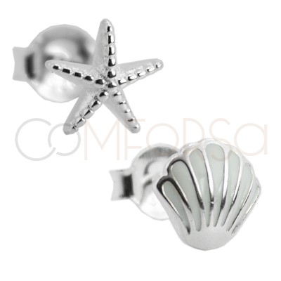 Aretes combinado concha y estrella de mar 7x7mm plata 925