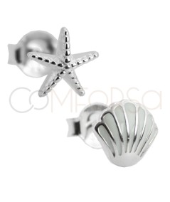 Aretes combinado concha y estrella de mar 7x7mm plata 925