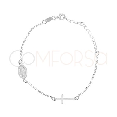 Pulsera Virgen de la Milagrosa y Cruz 17 + 5cm Plata 925