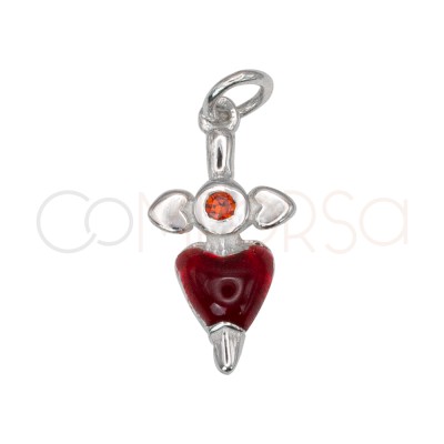 Sterling silver 925 dagger pendant with red zirconia heart 7 x 13mm