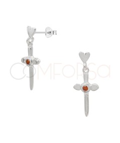 Gold-plated sterling silver 925 heart earring with red zirconia dagger pendant 7 x 12mm