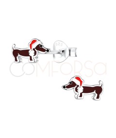 Aretes perro Teckel de Navidad 8 x 5 mm en Plata 925